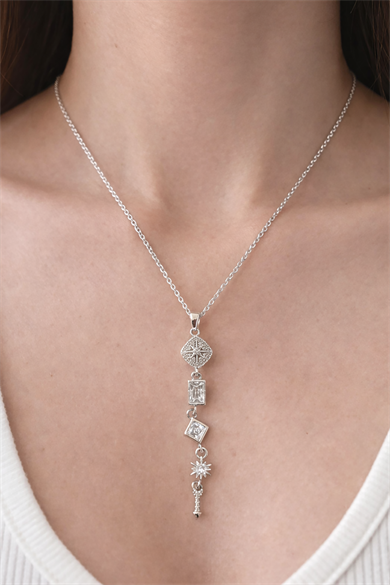 Gümüş Renk Taş Detaylı Y Kolye