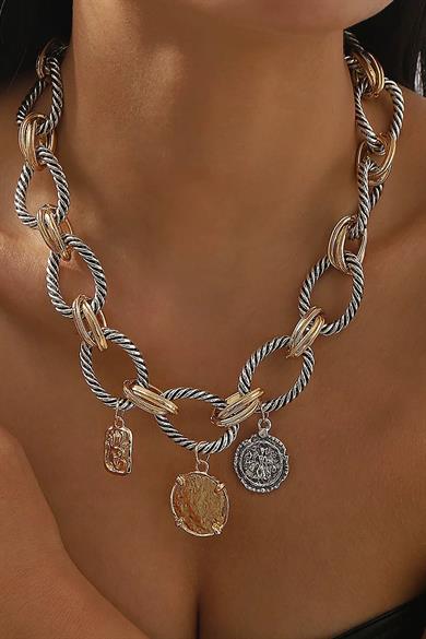 Altın Ve Gümüş Renk Karışık Figürlü Tasarım Kolye