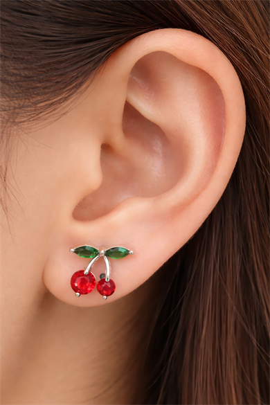 Gümüş Renk Kiraz Figürlü Taş Detaylı Çelik Xupıng VİP Küpe