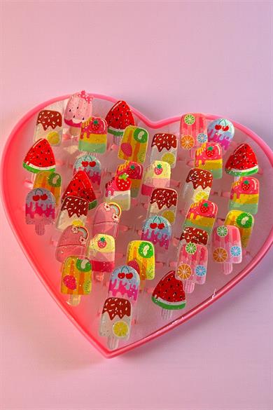 36lı Karışık Renk Dondurma Figürlü Çocuk Yüzük Set