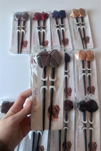 12li Karışık Renk Gül Figürlü Topuz Kalemi/ Tokası Set