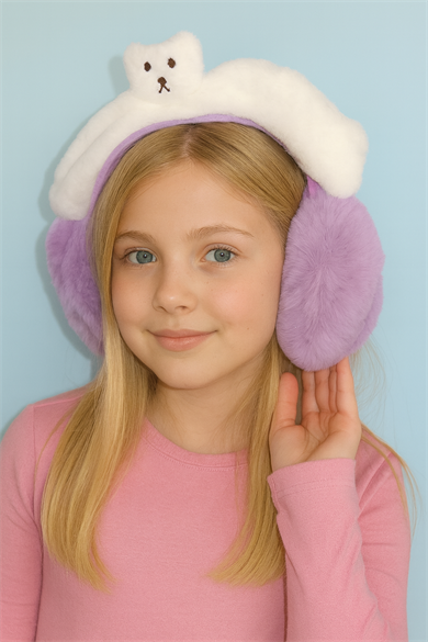 Beyaz Ve Mor Renk Ayıcık Figürlü Peluş Kulaklık