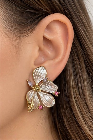 Altın Renk Çiçek Figürlü Taşlı  Küpe (Çift)