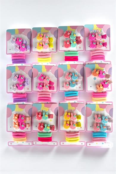 12li Karışık Renk Tavşan Figürlü Lastik Toka Ve Yan Toka Set 