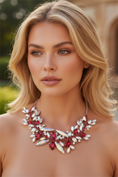 Gümüş Renk Kırmızı Taş Detaylı Tasarım Abiye Kolye