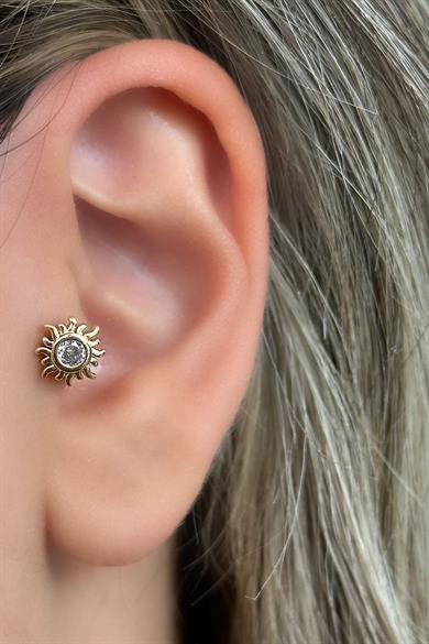 Altın Renk Güneş Figürlü Çelik Tragus/Kıkırdak Küpe/Piercing (Tek)