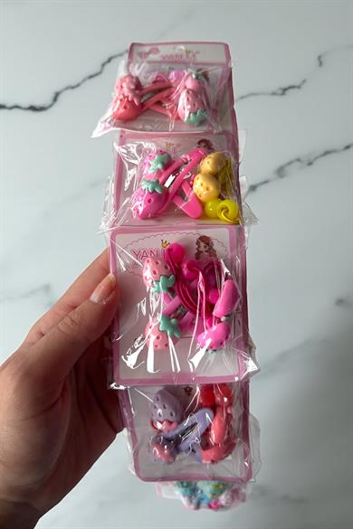 6lı Karışık Renk Çilek Figürlü Lastik Toka Ve Yan Toka Set 