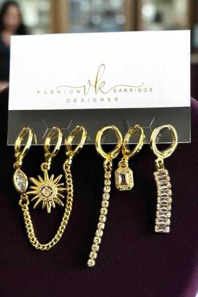 6lı Altın Renk Taş Detaylı Küpe Set