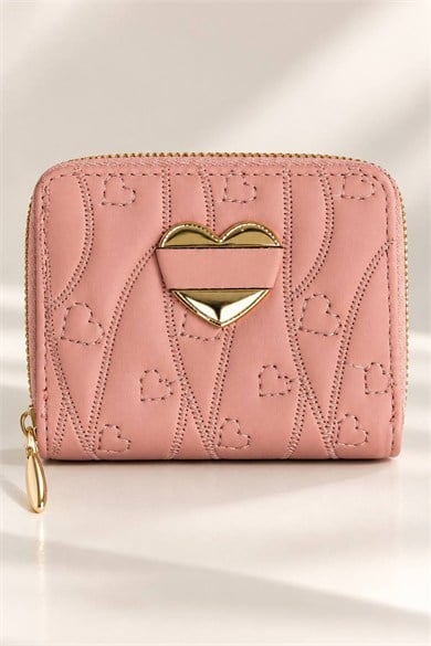 Pembe Renk Kalp Detaylı Deri Kadın Cüzdan