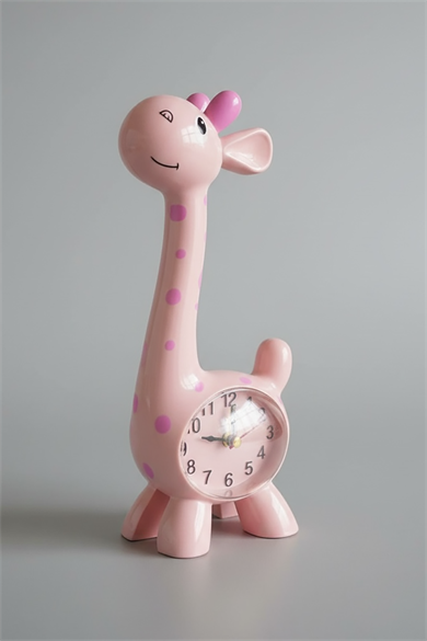Pembe Renk Zürafa Figürlü Dekoratif Alarmlı Masa Saati