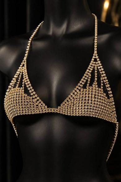 Altın  Renk Hologram Taş Detaylı Bikini Üstü /Bralet /Vücut Aksesuarı