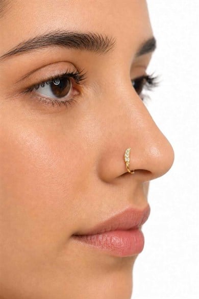 Altın Renk Taş Detaylı Cerrahi Çelik Deliksiz Kulak/Burun Piercing 