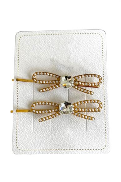 Altın Renk Kurdele Figürlü Taş Detaylı 2li Yan Toka