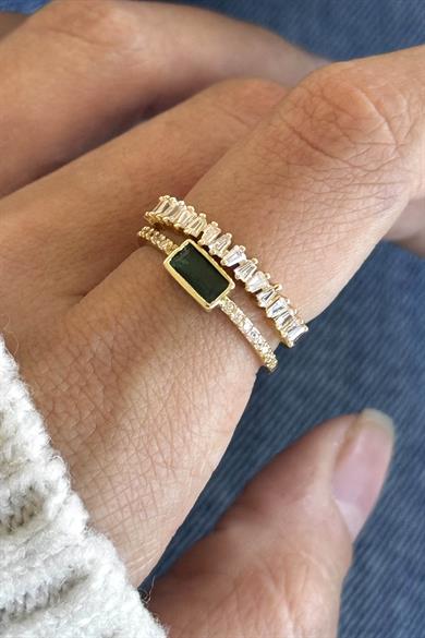 Altın Renk Yeşil Taş Detaylı Ayarlanabilir Çelik Yüzük