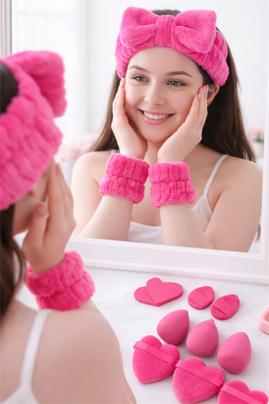 Fuşya Renk Kurdele Figürlü Su Emici Havlu Bileklik/Saç Bandı/Makyaj Süngeri Set