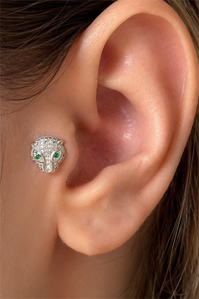 Gümüş Renk Kaplan Figürlü Taşlı Cerrahi Çelik Tragus/Kıkırdak Küpe/Piercing (Tek)