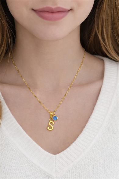 Altın Renk S Harfli Nazar Boncuk Detaylı Çelik Kolye