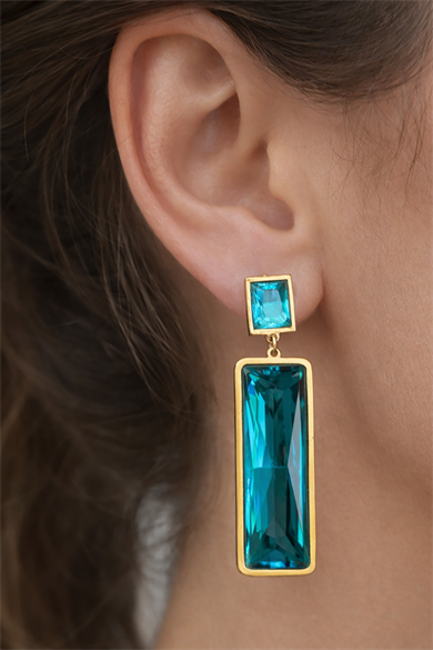 Altın Renk Mavi Taş Detaylı Çelik Küpe (Çift)