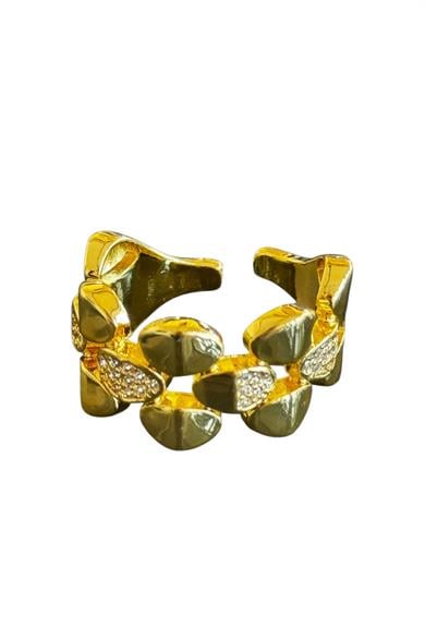 Altın Renk Taş Detaylı Ayarlanabilir Çelik Yüzük