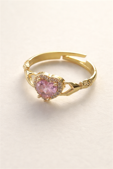 Altın Renk Kalp Figürlü Taş Detaylı Ayarlanabilir Yüzük 