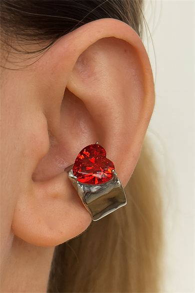 Gümüş Renk Kalp Figürlü Kırmızı Taş Detaylı 14K Altın Kaplama Ear Cuff (Tek)