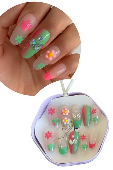 10lu Karışık Renk Çiçek Figürlü Taş Detaylı Takma Tırnak Set