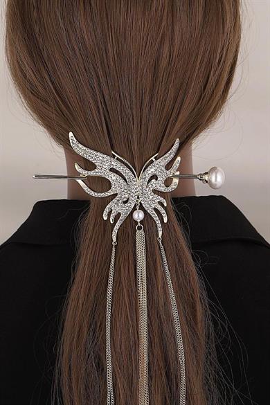 Altın Renk Kelebek Figürlü Taşlı Sallantılı Topuz Toka