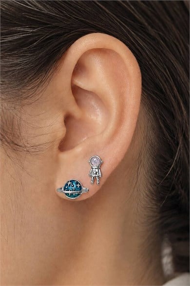 2li Gümüş Renk Karışık Figürlü Taş Detaylı Tx Tragus/Kıkırdak Küpe/Piercing 