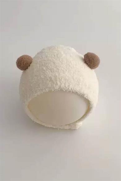 Krem Ve Kahve Renk Ponpon Detaylı Bebek Peluş Şapka