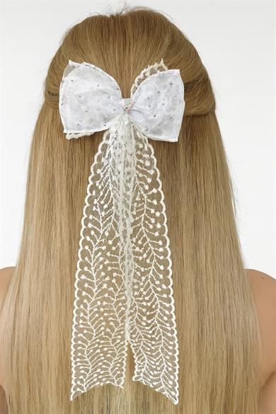 Beyaz Ve Krem Renk Taş Detaylı Kurdele Otomat Toka