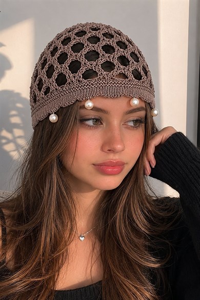 Kahverengi İnci Detaylı Örgü Saç Bandana