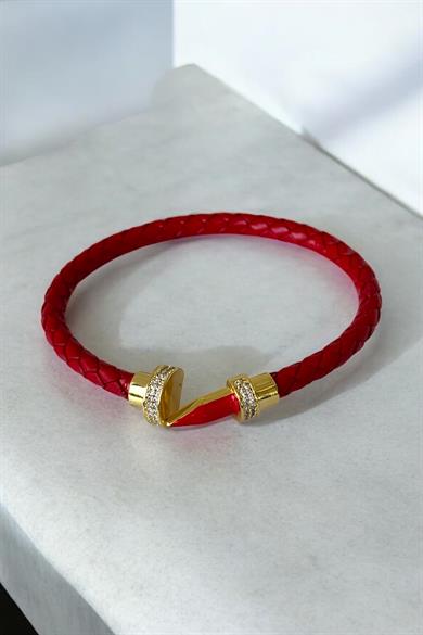 Kırmızı Renk Taş Detaylı Deri Kelepçe Bileklik 