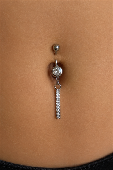 Gümüş Renk Taşlı Sallantılı Cerrahi Çelik Göbek Piercing