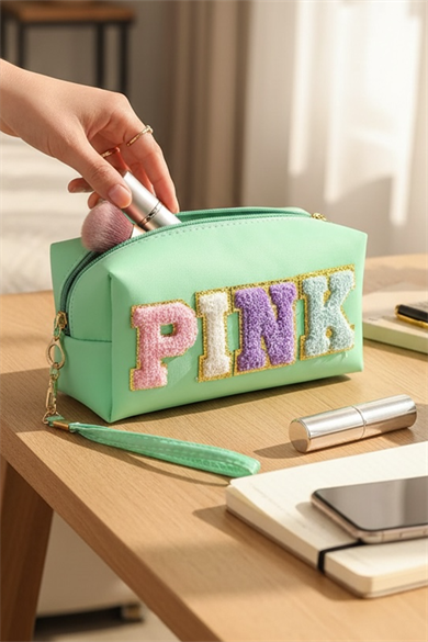 Turkuaz Renk Pink Yazılı Makyaj Çantası