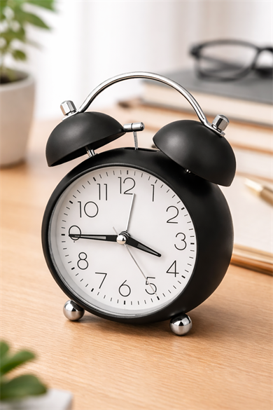 Siyah Renk Mini Dekoratif Işıklı Alarmlı Yuvarlak Masa Saati