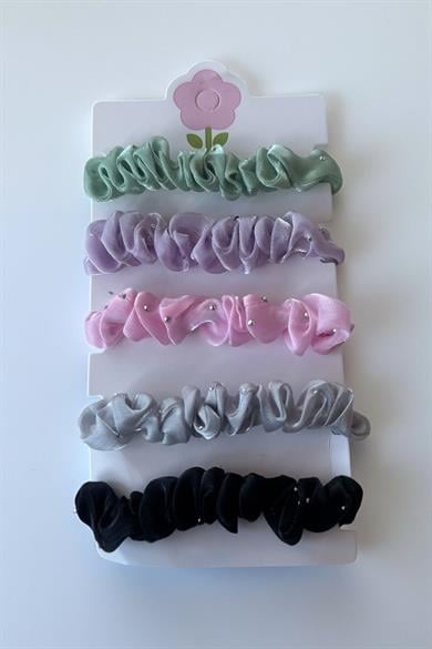 5li Karışık Renk Taş Detaylı Lastik Toka Set