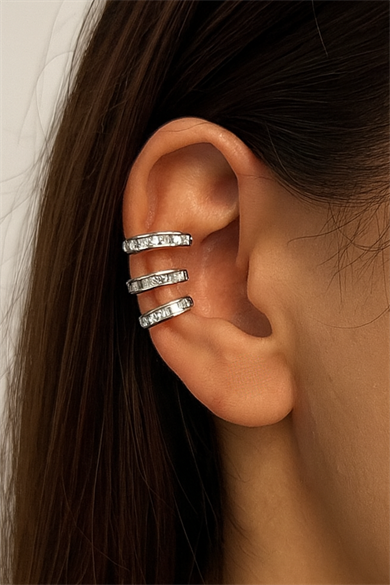 Gümüş Renk Taş Detaylı Üçlü Görünümlü Ear Cuff (Tek)