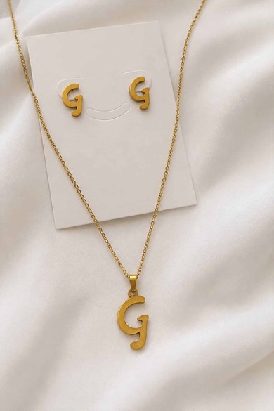 Altın Renk G Harfli Çelik Kolye/Küpe Set