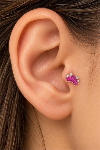 Gümüş Renk Taşlı Cerrahi Çelik Tragus/Kıkırdak Küpe/Piercing (Tek)