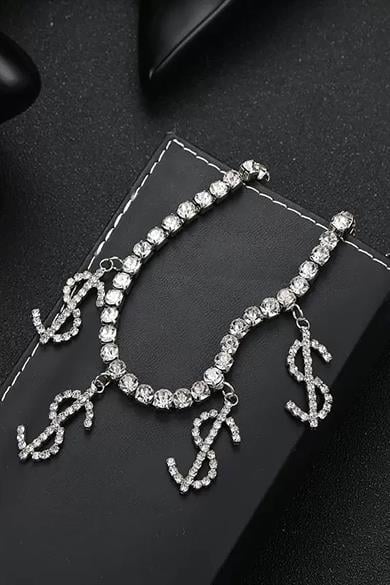 Gümüş Renk Dolar Figürlü Taş Detaylı Tasarım Halhal