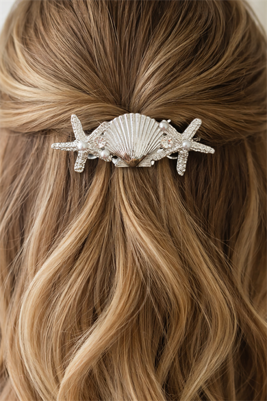 Gümüş Renk Deniz Kabuğu Ve Yıldız Figürlü Metal Otomat Toka