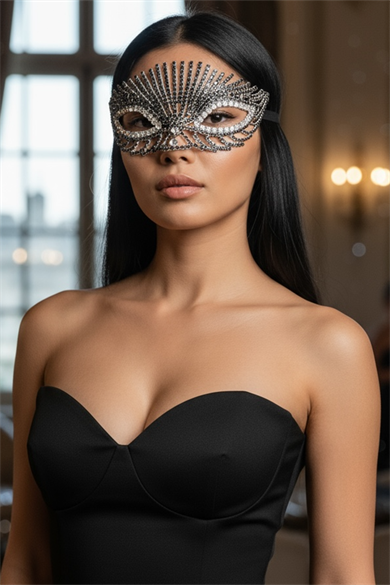 Gümüş Renk Siyah Taş Detaylı Tasarım Parti Maskesi