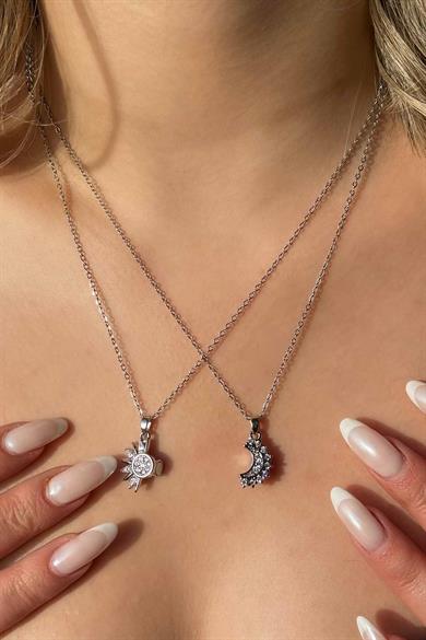 Gümüş Renk Ay Ve Güneş Figürlü Çelik Best Friend Kolye