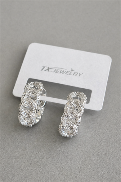 Gümüş Renk Taş Detaylı 14K Altın Kaplama TX Halka Küpe (Çift)