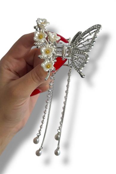 Gümüş Renk Kelebek Ve Papatya Figürlü İnci Detaylı Metal Mandal Toka