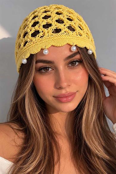 Sarı Renk İnci Detaylı Örgü Saç Bandana