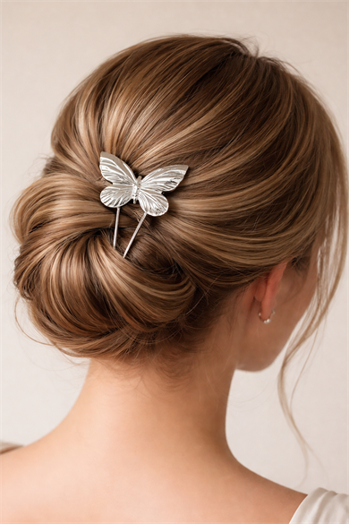 Gümüş Renk Kelebek Figürlü Metal Topuz Tokası