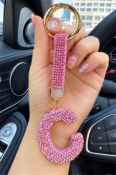 Pembe Renk C Harf Taşlı Çanta Charm/ Anahtarlık