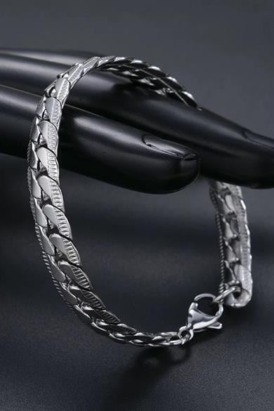 Gümüş Renk Zincir Detaylı Çelik Erkek Bileklik