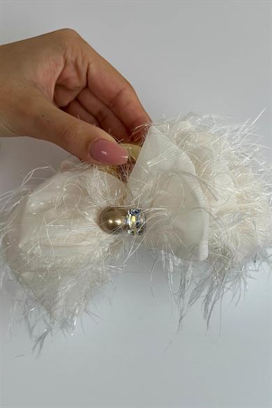 Beyaz Renk Kurdele Figürlü Taş Detaylı Mandal  Toka